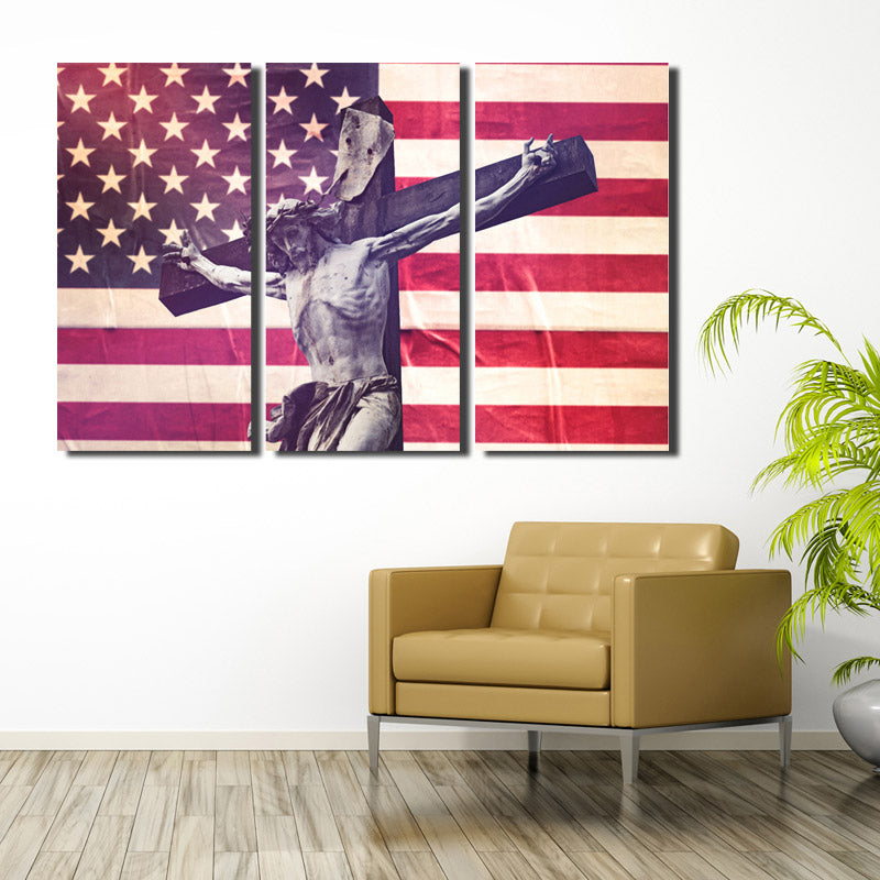 3 Panel Canvas Printed America Flag Jesus Cross Painting-105 (1)