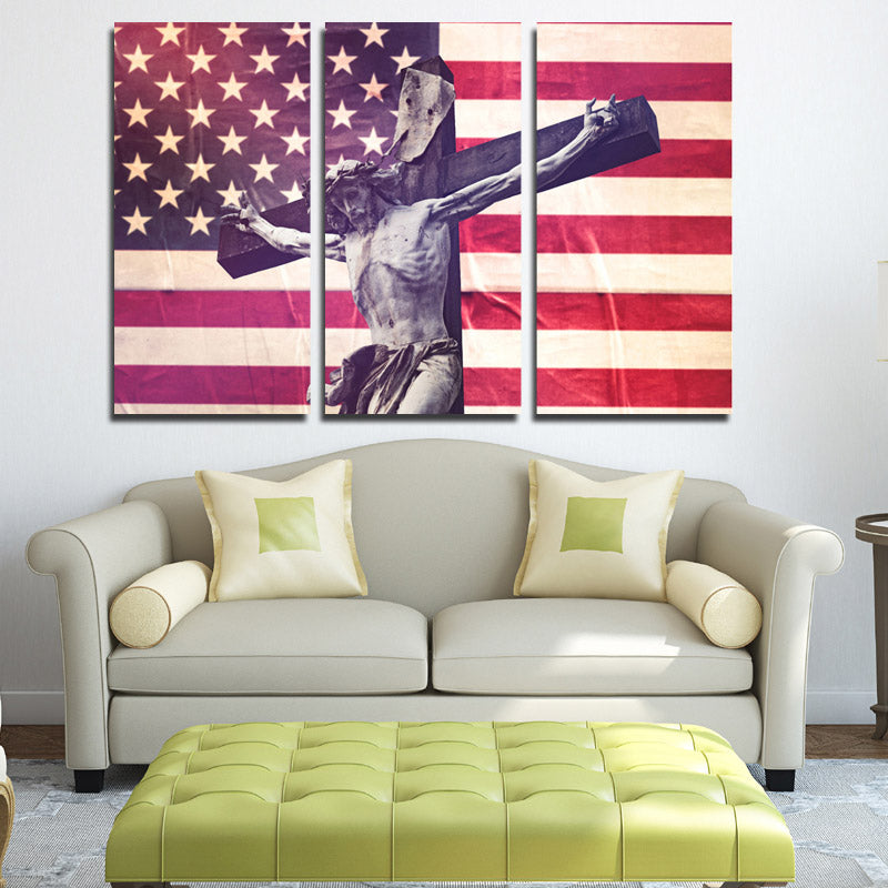 3 Panel Canvas Printed America Flag Jesus Cross Painting-105 (2)