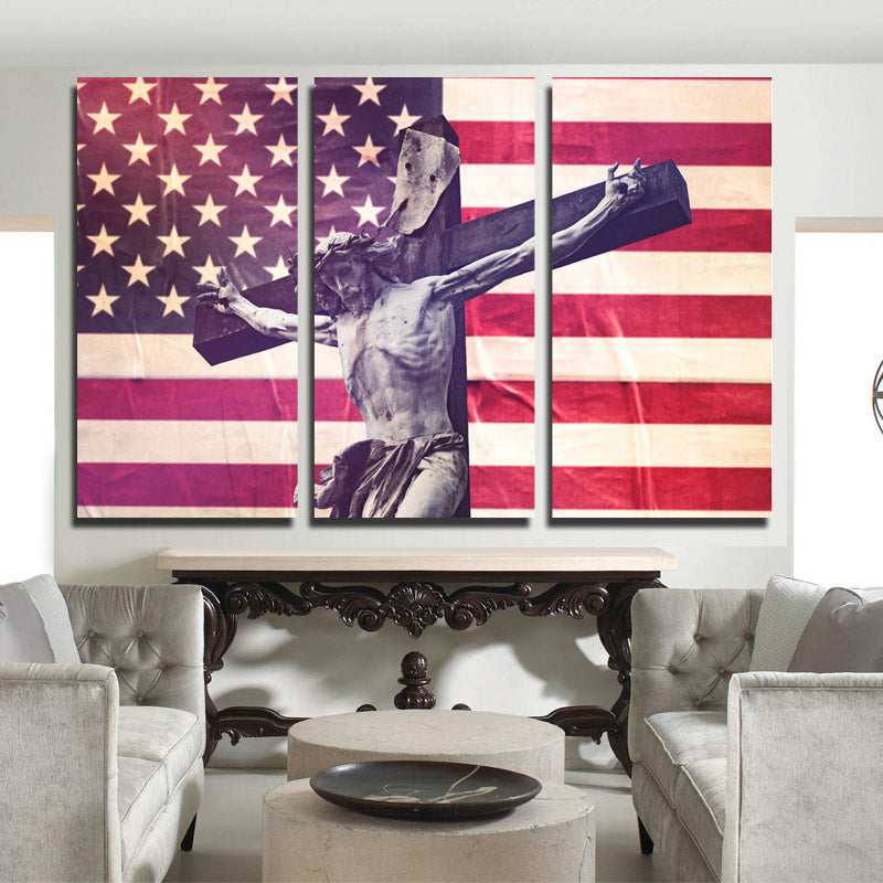 3 Panel Canvas Printed America Flag Jesus Cross Painting-105 (3)