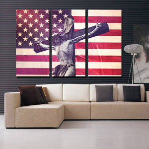 3 Panel Canvas Printed America Flag Jesus Cross Painting-105 (4)