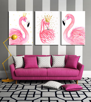 3 Panel Kawaii Flamingo Bird Wall Art Canvas Prints Animal Painting-020 (1)