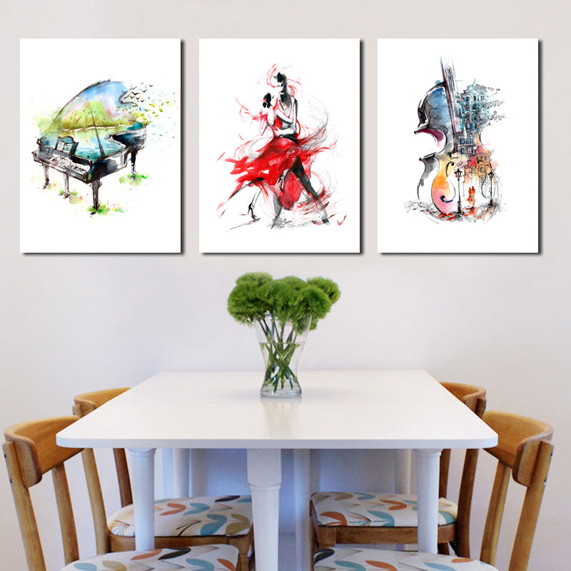3 Panel Piano Guitar Dancing Woman Poster Canvas Print-027 (1)