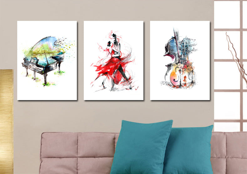 3 Panel Piano Guitar Dancing Woman Poster Canvas Print-027 (2)
