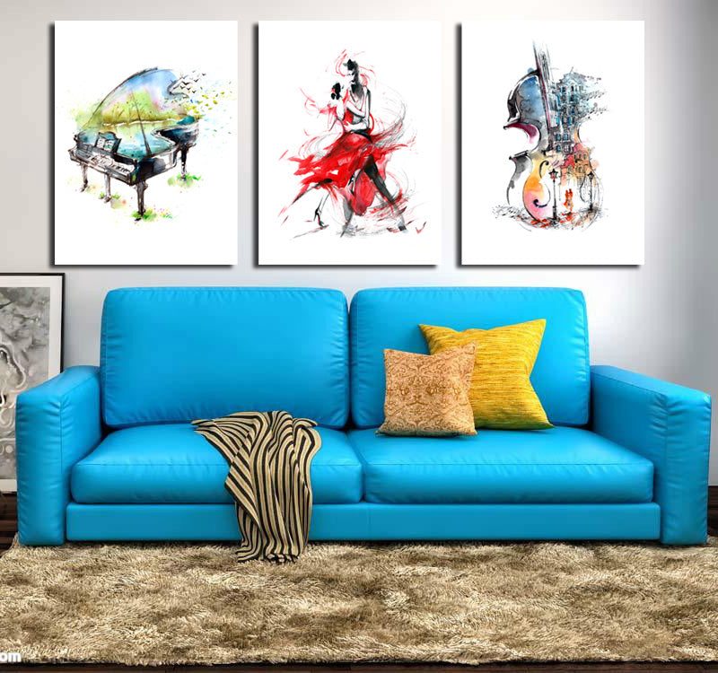 3 Panel Piano Guitar Dancing Woman Poster Canvas Print-027 (3)