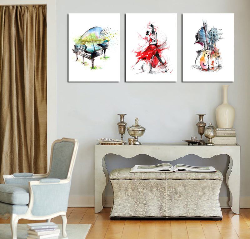 3 Panel Piano Guitar Dancing Woman Poster Canvas Print-027 (5)