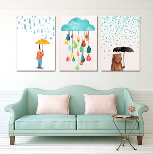 3 Piece Cartoon Rain Bear Prints Canvas Painting-019 (1)
