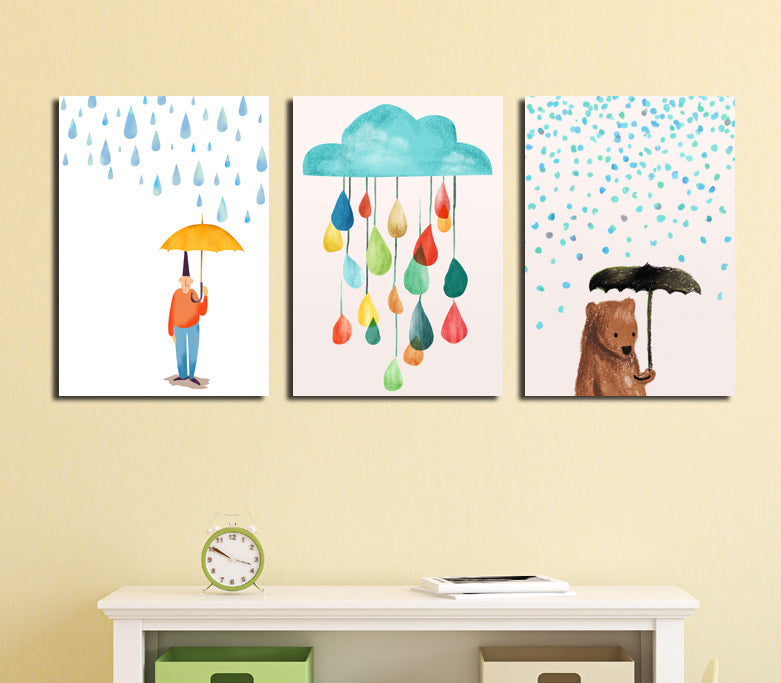 3 Piece Cartoon Rain Bear Prints Canvas Painting-019 (3)