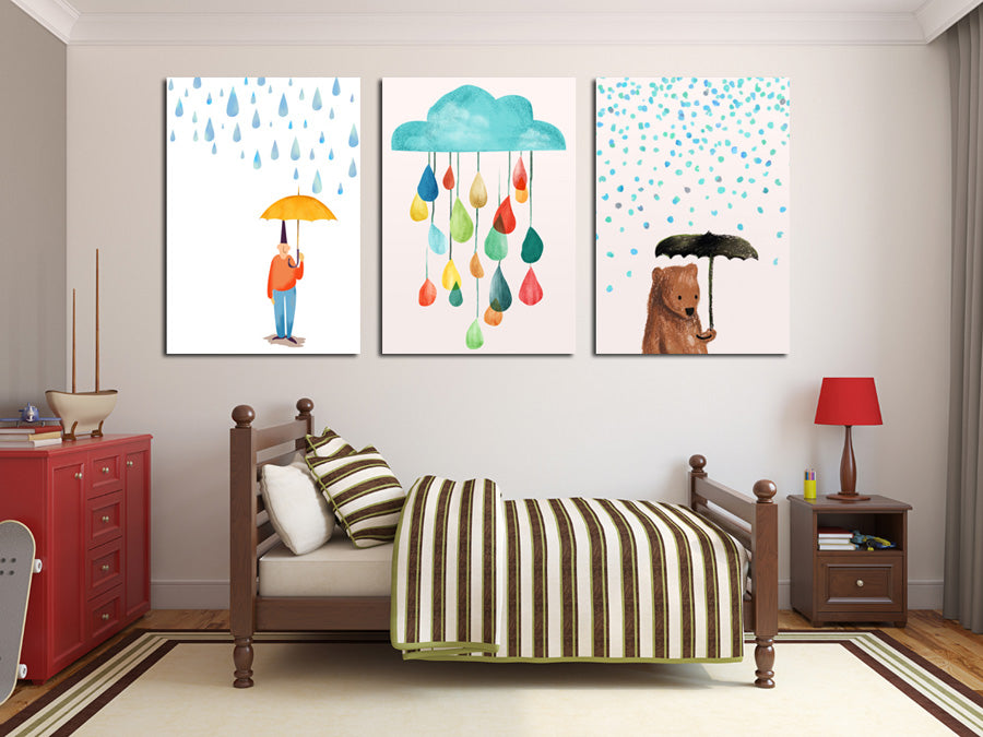 3 Piece Cartoon Rain Bear Prints Canvas Painting-019 (4)