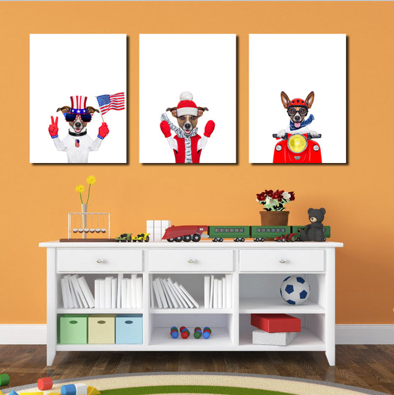 3 Piece Cute Dog Pet American Flag Canvas Art Prints-016 (1)