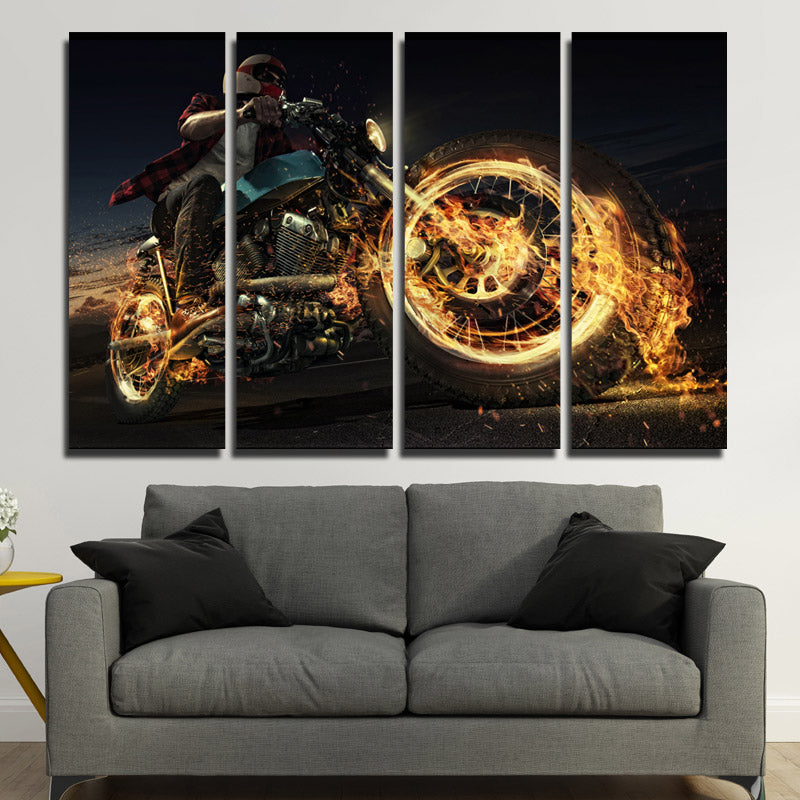 4 Panel Fire Motorcycle Poster Painting Canvas Art Prints-096 (2)