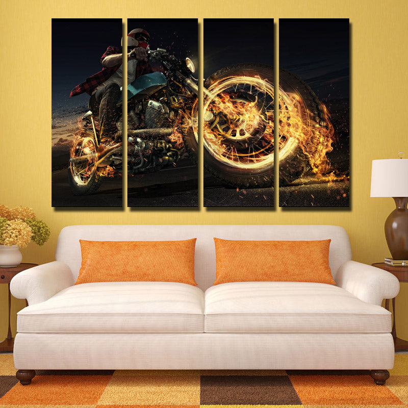 4 Panel Fire Motorcycle Poster Painting Canvas Art Prints-096 (4)