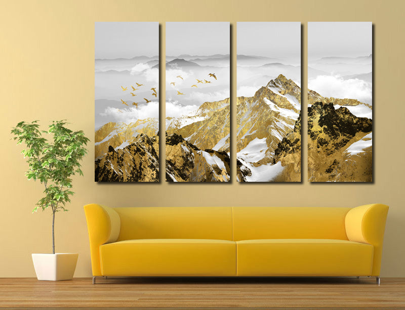 4 Panel Golden Mountain Snow Landscape Art Canvas Print Wall Decor-026 (2)