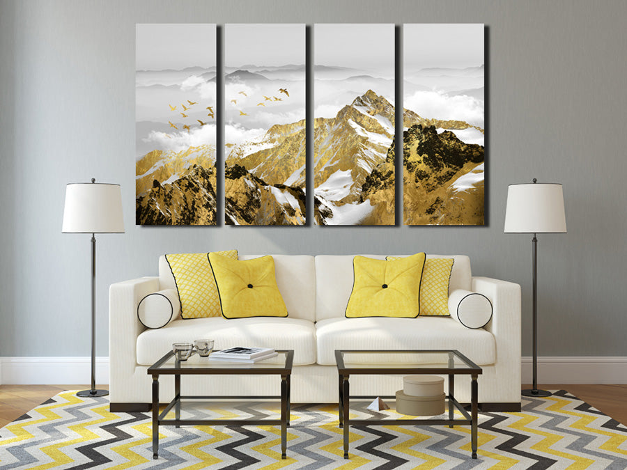 4 Panel Golden Mountain Snow Landscape Art Canvas Print Wall Decor-026 (4)