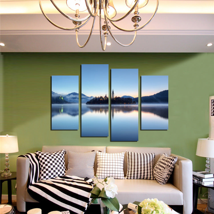 4 Panel Morning Lake Scenery Canvas Painting Picture Prints-058 (1)