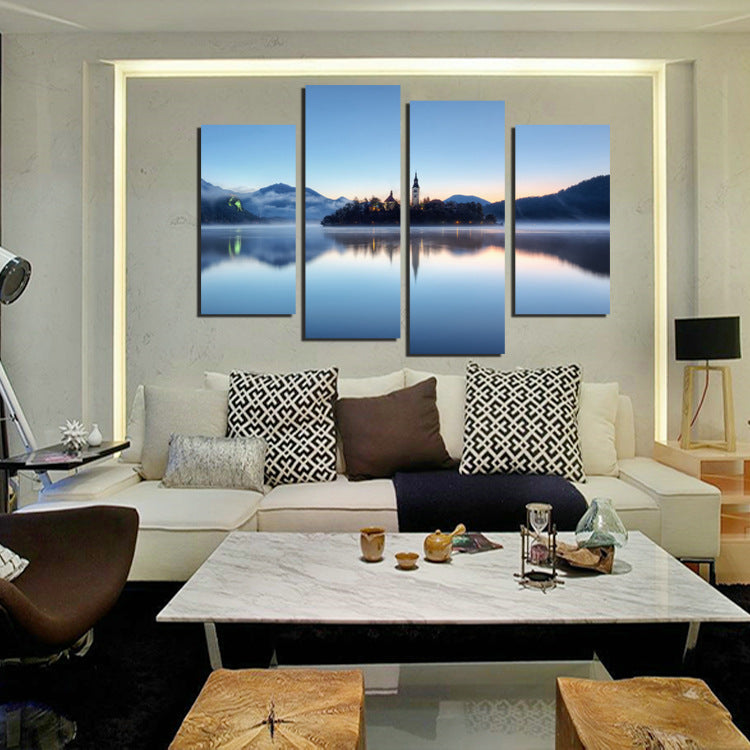 4 Panel Morning Lake Scenery Canvas Painting Picture Prints-058 (3)
