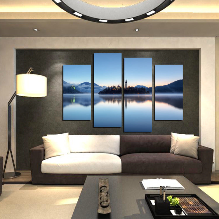 4 Panel Morning Lake Scenery Canvas Painting Picture Prints-058 (4)