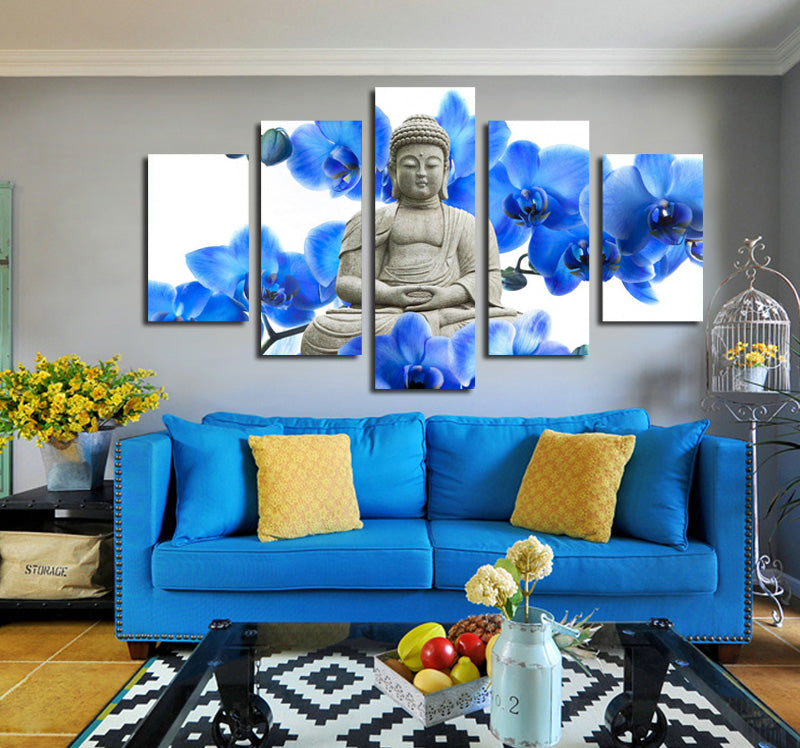 5 Panel Blue Orchids Buddha Canvas Prints Picture Art-046 (1)