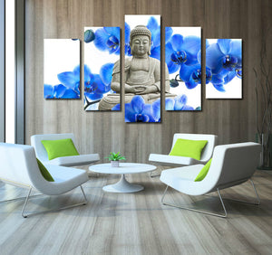 5 Panel Blue Orchids Buddha Canvas Prints Picture Art-046 (2)