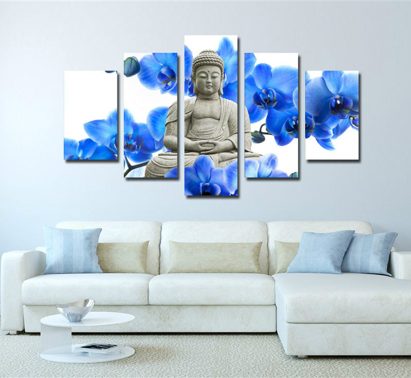 5 Panel Blue Orchids Buddha Canvas Prints Picture Art-046 (3)
