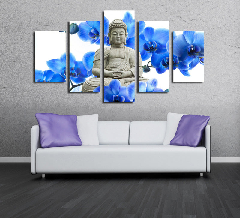 5 Panel Blue Orchids Buddha Canvas Prints Picture Art-046 (4)