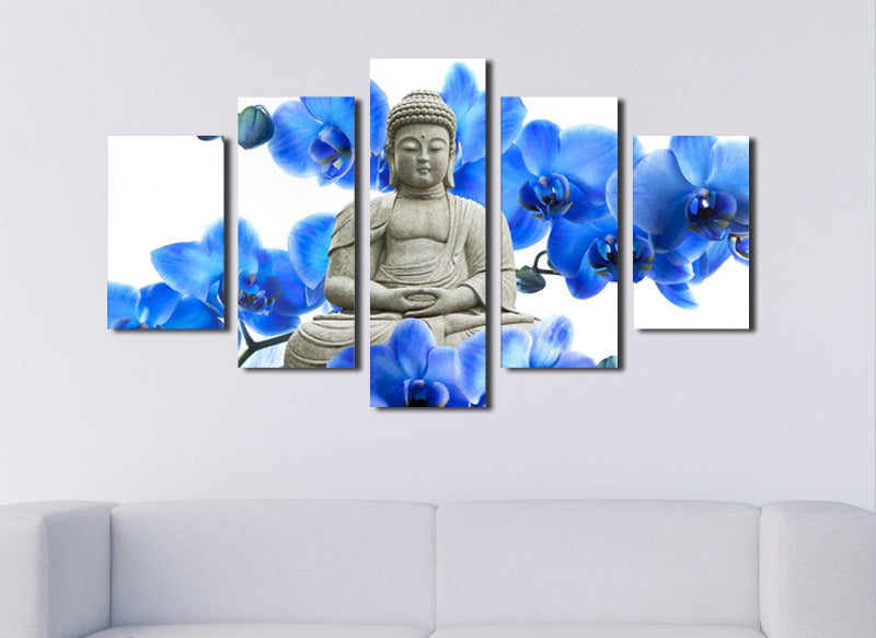 5 Panel Blue Orchids Buddha Canvas Prints Picture Art-046 (5)