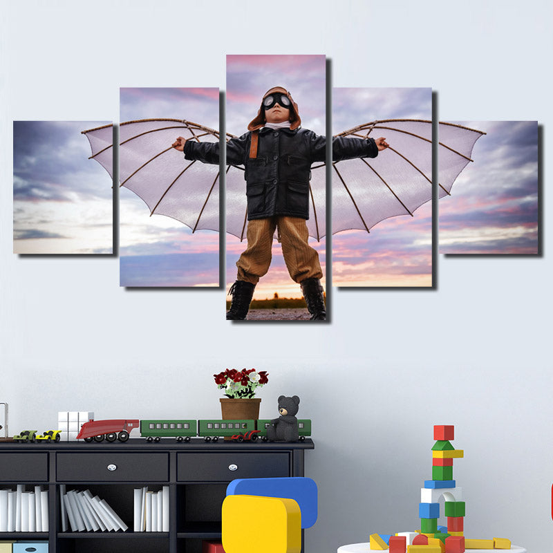 5 Panel Boy Dreams of Flying Canvas Print Picture Wall Art-099 (1)