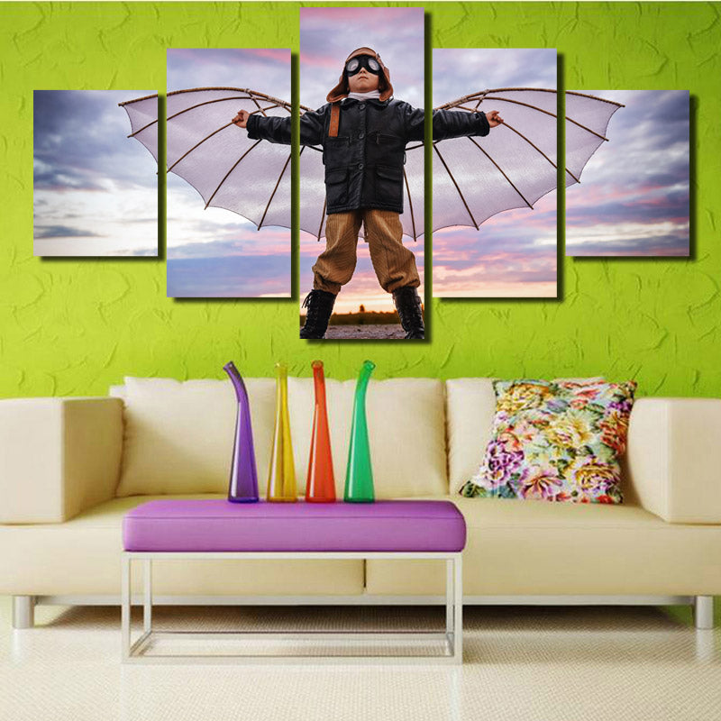 5 Panel Boy Dreams of Flying Canvas Print Picture Wall Art-099 (2)