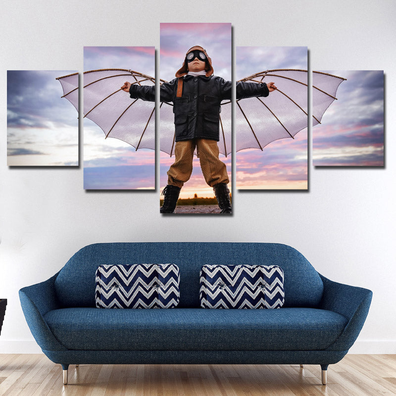 5 Panel Boy Dreams of Flying Canvas Print Picture Wall Art-099 (3)