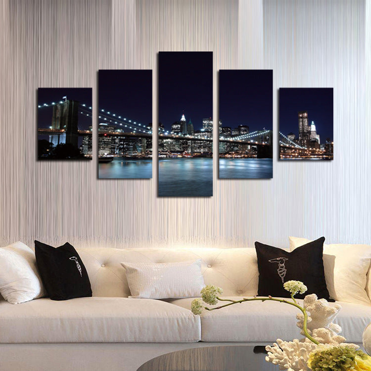 5 Panel Brooklyn Bridge Night Landscape Picture Prints-045 (1)