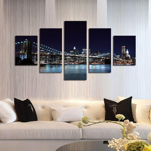 5 Panel Brooklyn Bridge Night Landscape Picture Prints-045 (1)