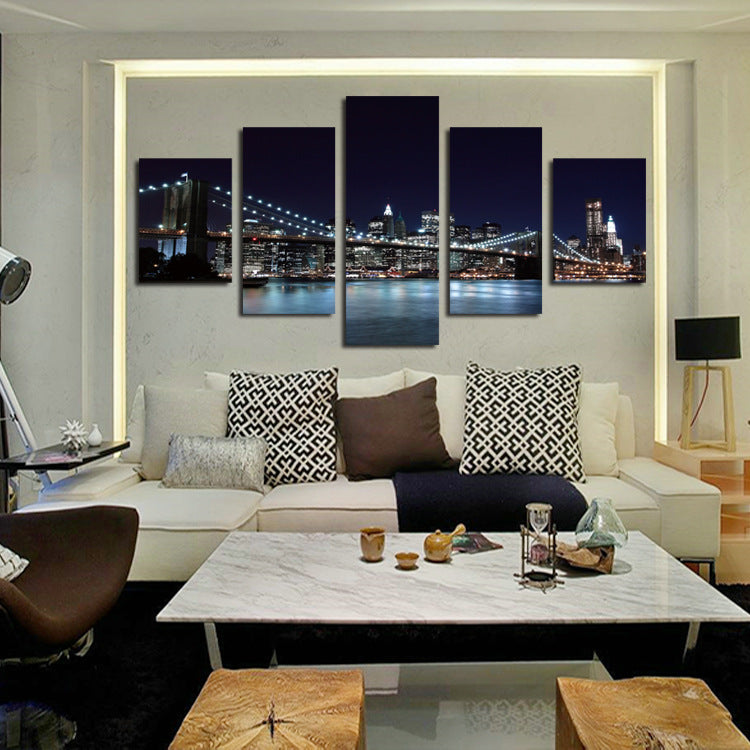 5 Panel Brooklyn Bridge Night Landscape Picture Prints-045 (2)
