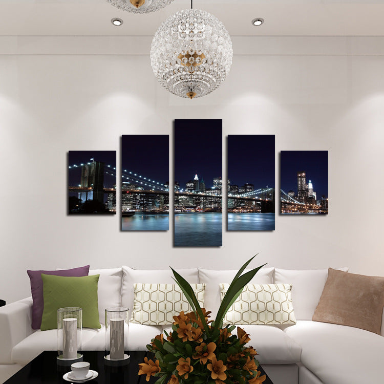 5 Panel Brooklyn Bridge Night Landscape Picture Prints-045 (3)