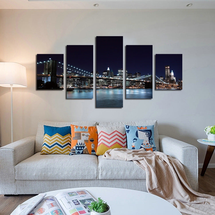 5 Panel Brooklyn Bridge Night Landscape Picture Prints-045 (4)