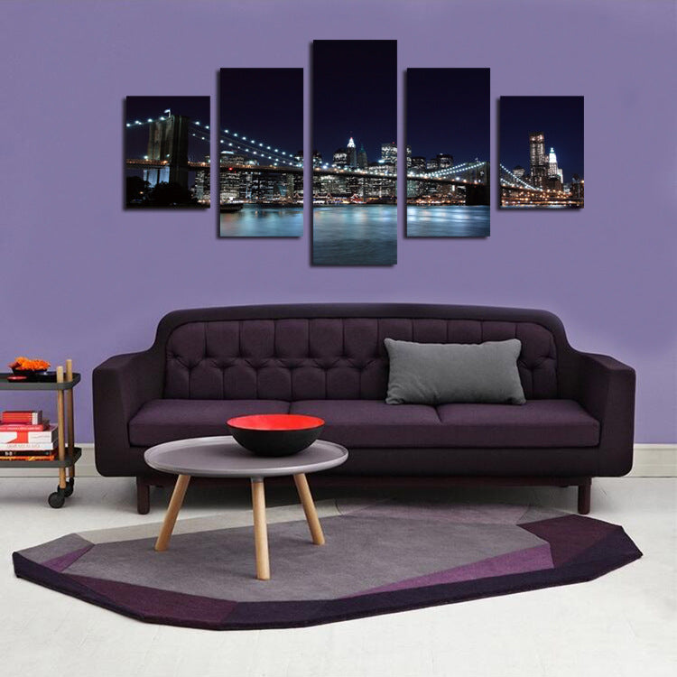 5 Panel Brooklyn Bridge Night Landscape Picture Prints-045 (5)
