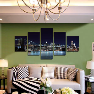 5 Panel Brooklyn Bridge Night Landscape Picture Prints-045 (6)