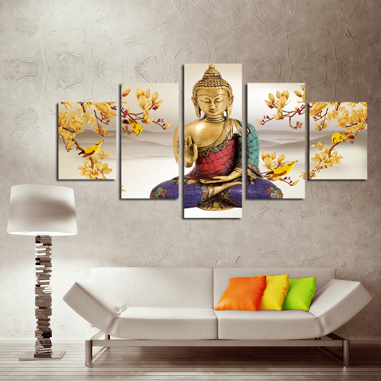5 Panel Buddha Canvas Prints Flower Painting Art-044 (1)