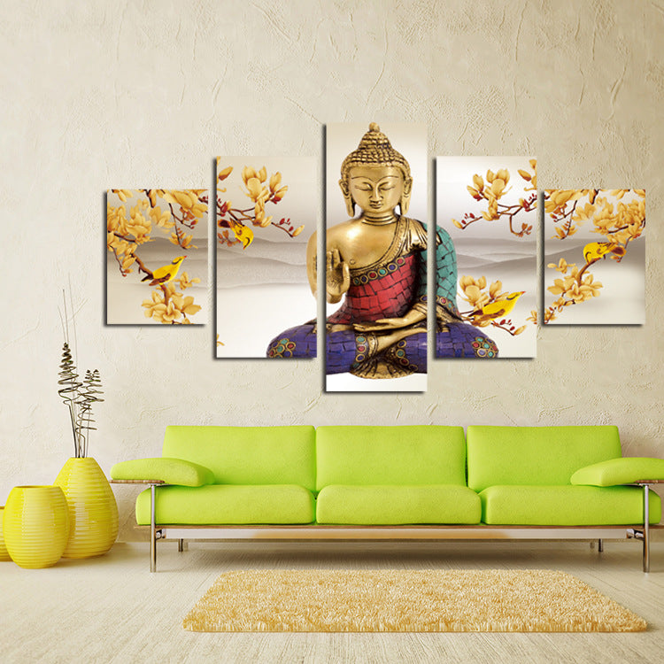 5 Panel Buddha Canvas Prints Flower Painting Art-044 (2)