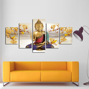 5 Panel Buddha Canvas Prints Flower Painting Art-044 (3)