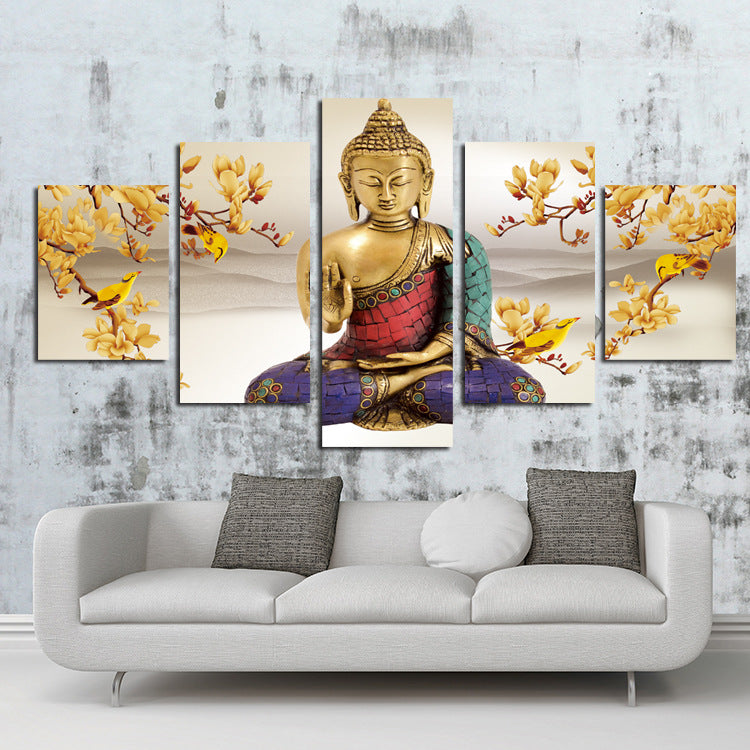 5 Panel Buddha Canvas Prints Flower Painting Art-044 (4)