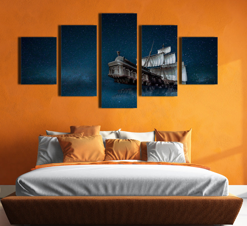 5 Panel Canvas Prints Paintings Wall Art Sailboat in Starry Picture-067 (1)