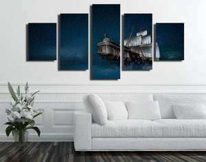 5 Panel Canvas Prints Paintings Wall Art Sailboat in Starry Picture-067 (2)