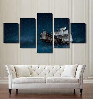5 Panel Canvas Prints Paintings Wall Art Sailboat in Starry Picture-067 (3)