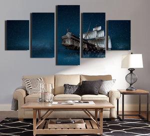 5 Panel Canvas Prints Paintings Wall Art Sailboat in Starry Picture-067 (4)
