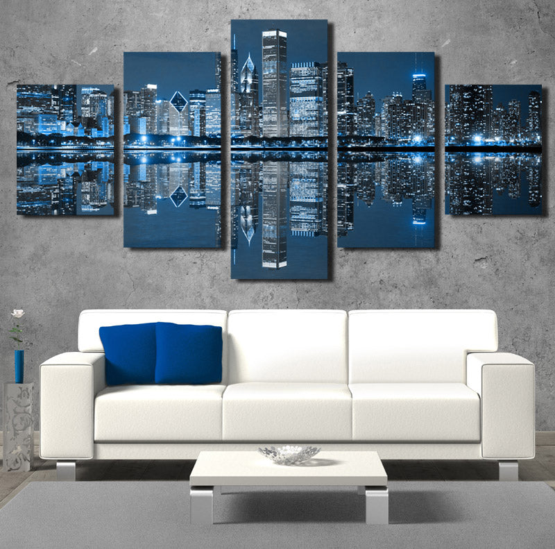 5 Panel Chicago City Nightscape Canvas Painting Prints-078 (1)