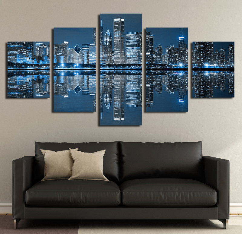 5 Panel Chicago City Nightscape Canvas Painting Prints-078 (2)