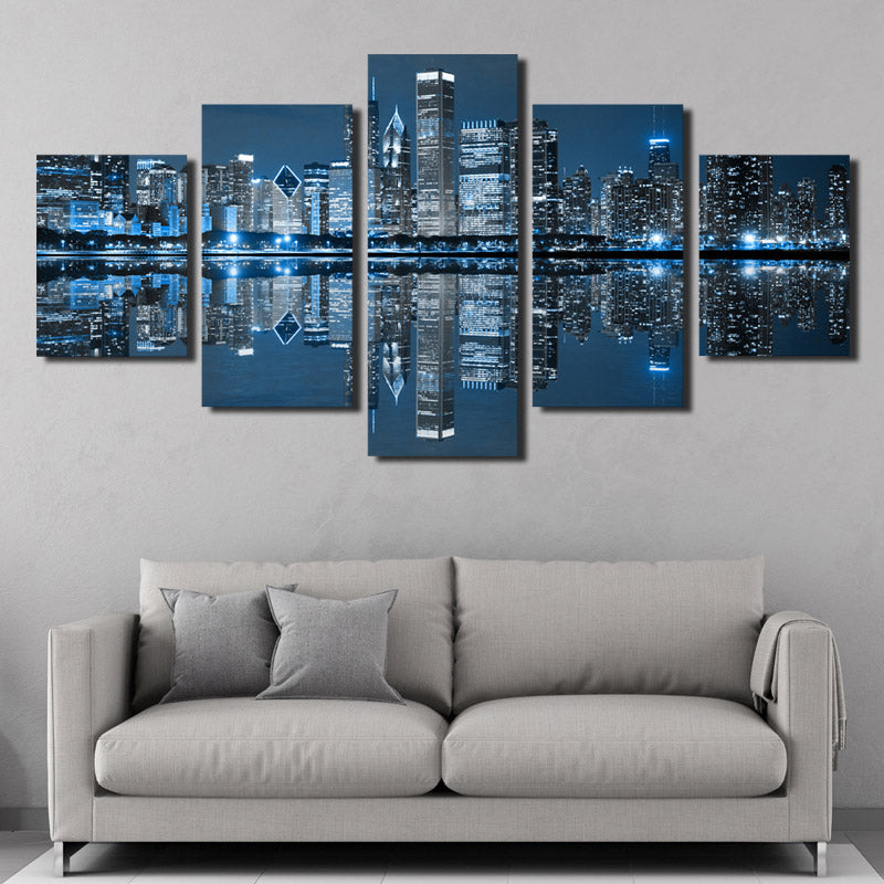 5 Panel Chicago City Nightscape Canvas Painting Prints-078 (3)