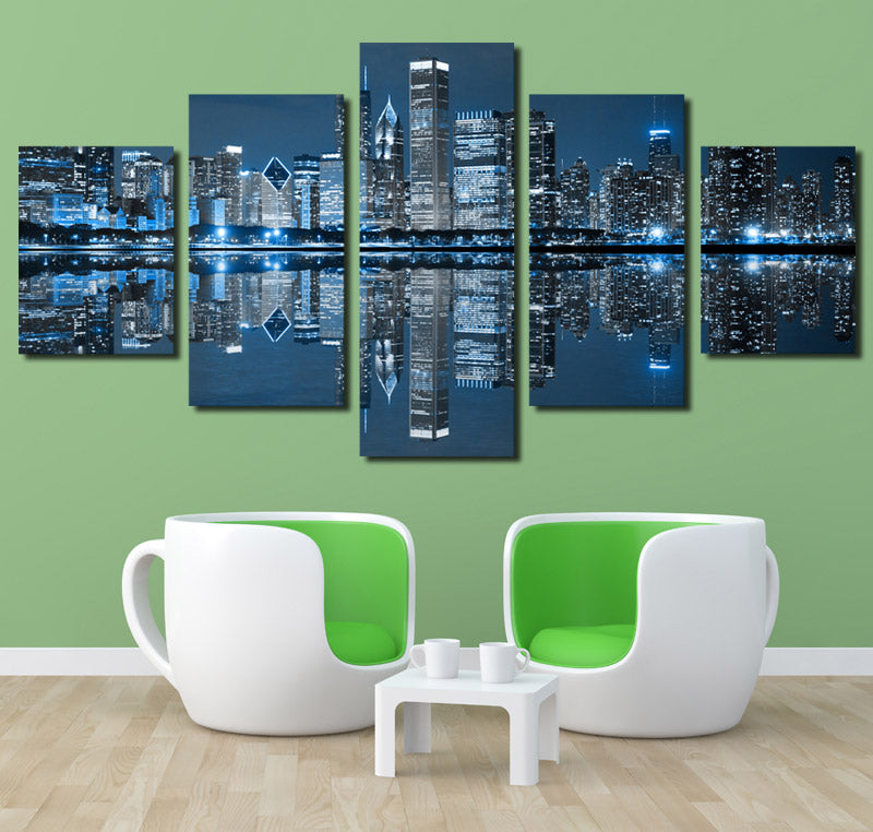 5 Panel Chicago City Nightscape Canvas Painting Prints-078 (4)