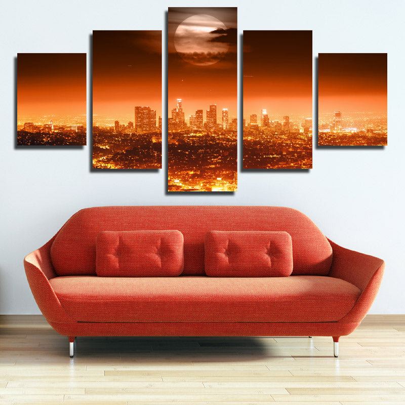  5 Panel Full Moon City Night Landscape Print Art Painting-084 (2)