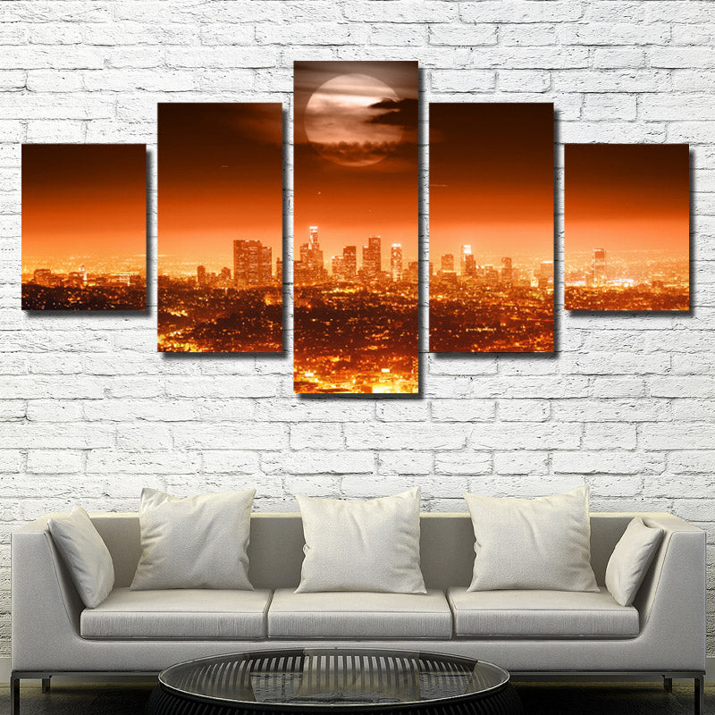  5 Panel Full Moon City Night Landscape Print Art Painting-084 (3)