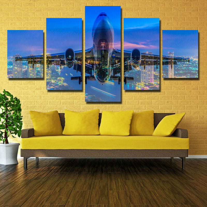 5 Panel Plane Cross City Nightscape Painting Canvas Prints-098 (1)